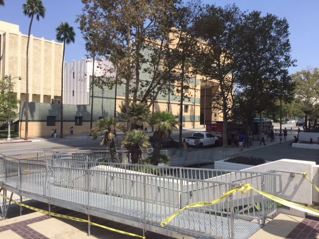 A view of the sidewalk and trees in front of a building.